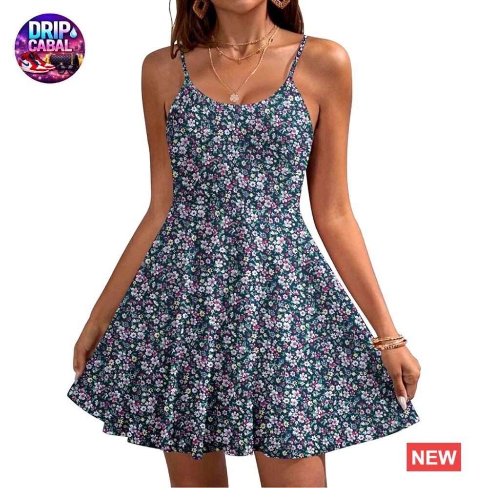 Polyester Spandex Adjustable Spaghetti Strap Floral Mini Dress with Pockets